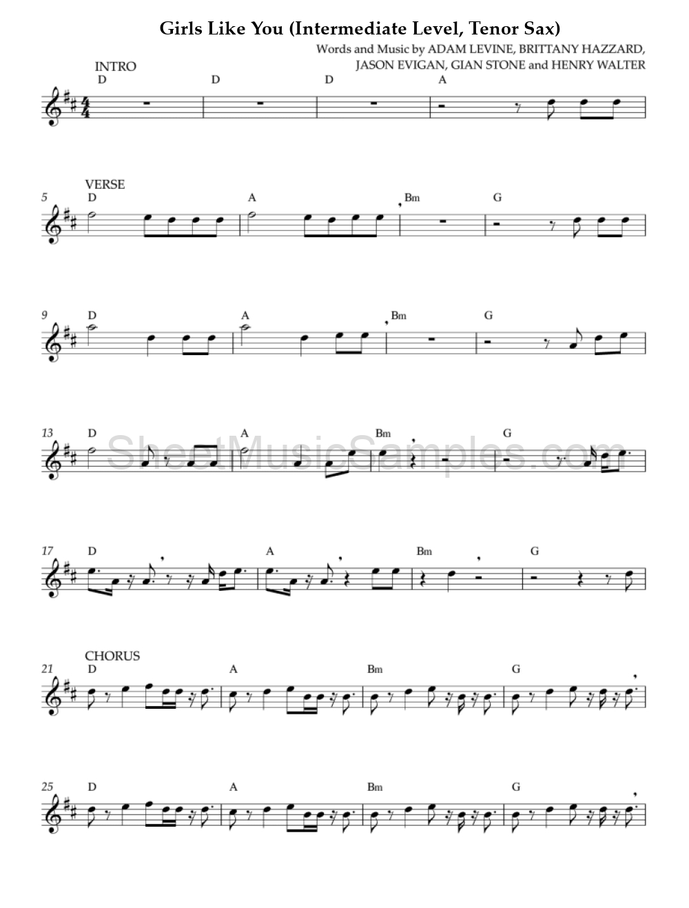 Girls Like You (Intermediate Level, Tenor Sax)