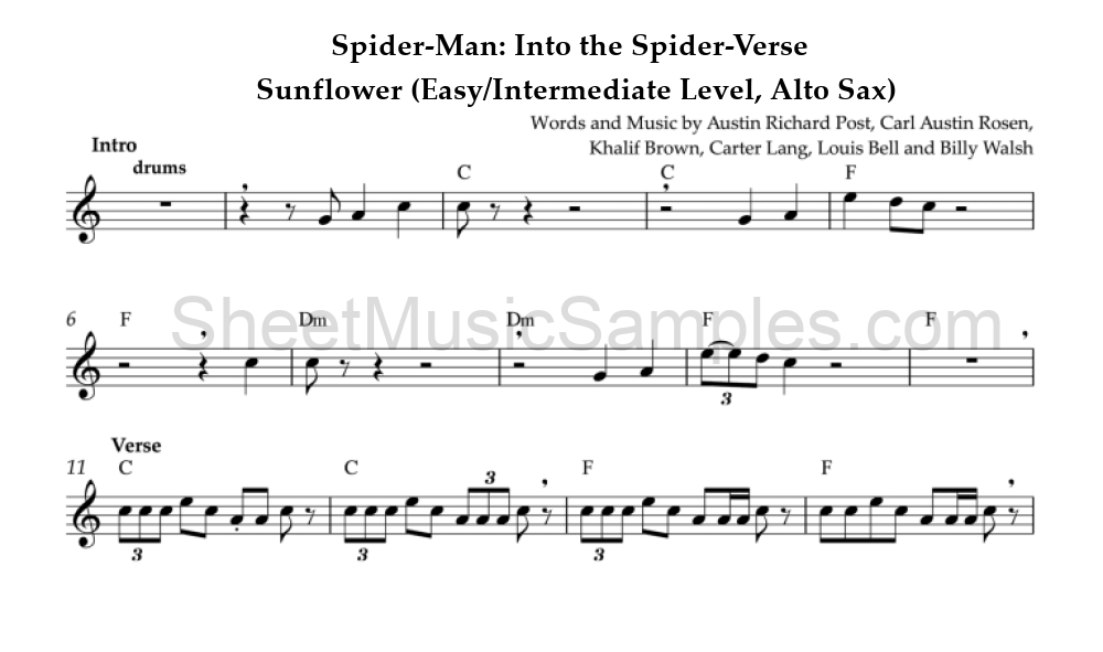 Spider-Man: Into the Spider-Verse - Sunflower (Easy/Intermediate Level, Alto Sax)