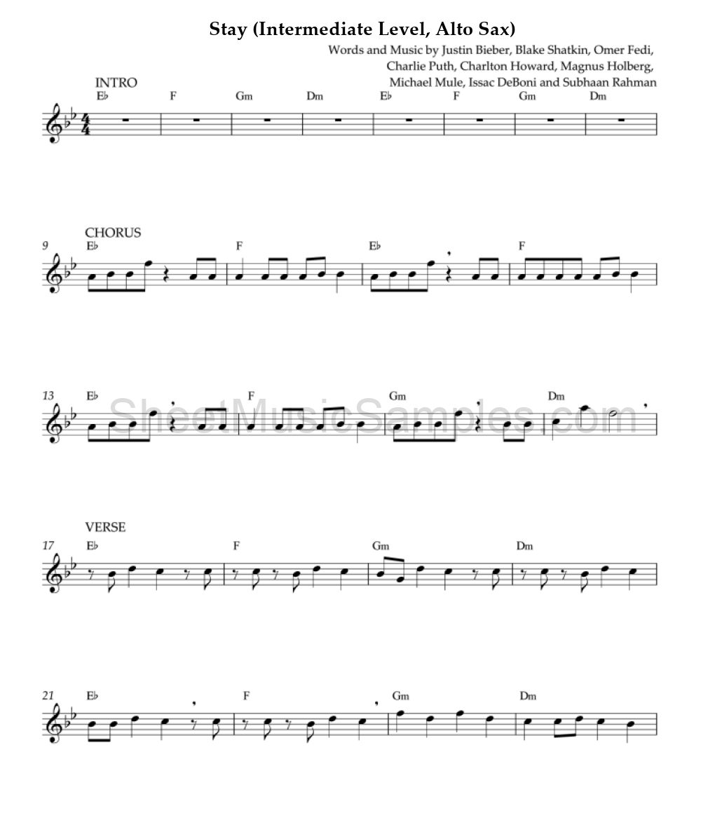 Stay (Intermediate Level, Alto Sax)