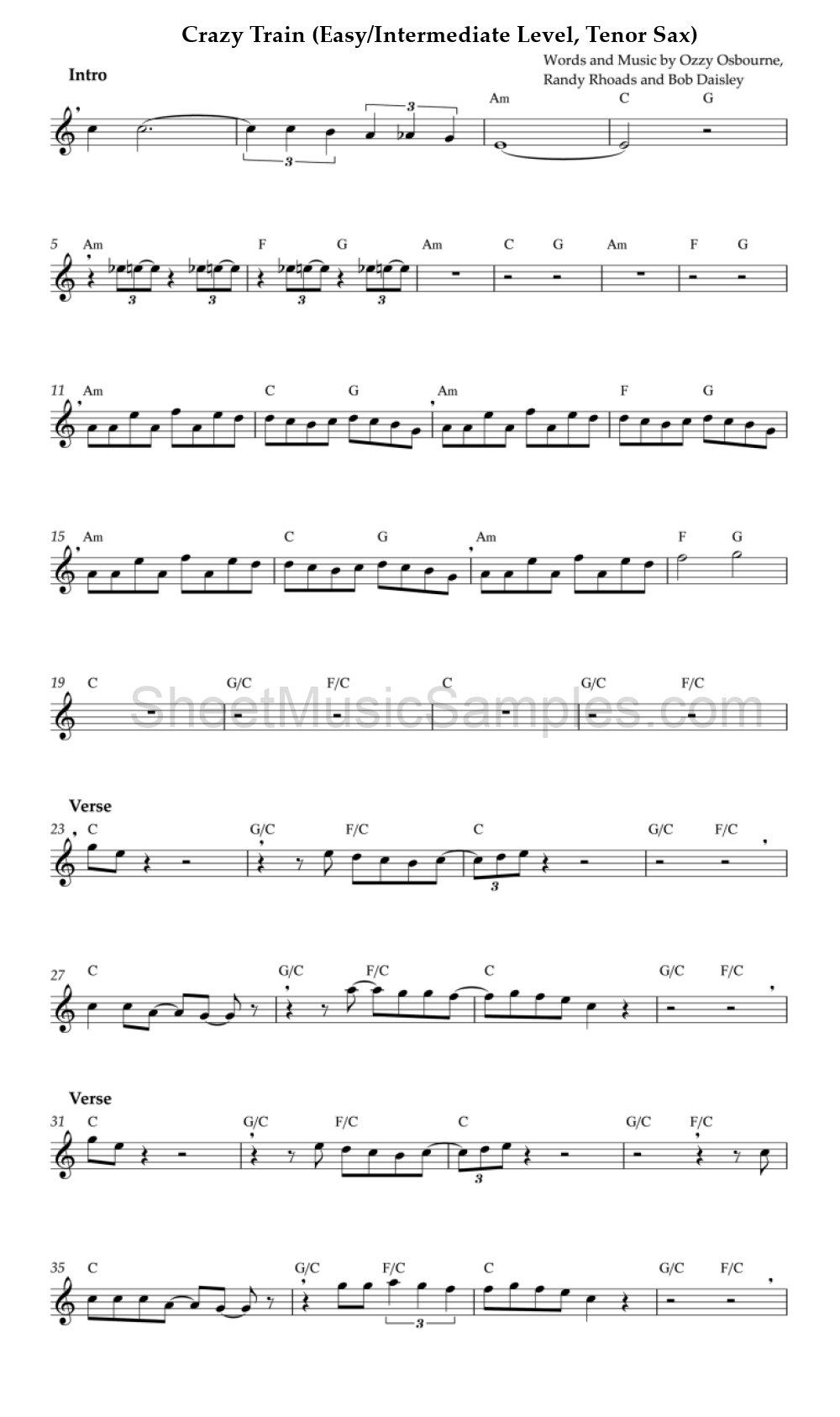 Crazy Train (Easy/Intermediate Level, Tenor Sax)