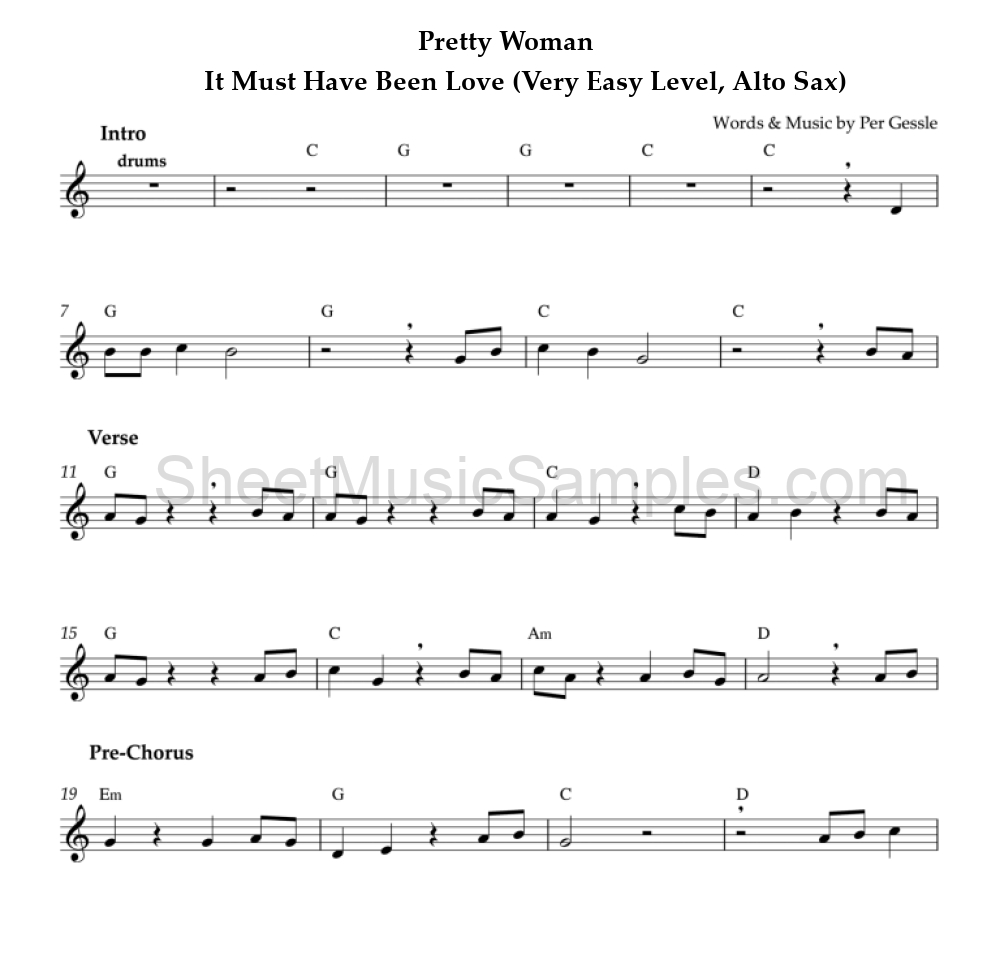 Pretty Woman - It Must Have Been Love (Very Easy Level, Alto Sax)