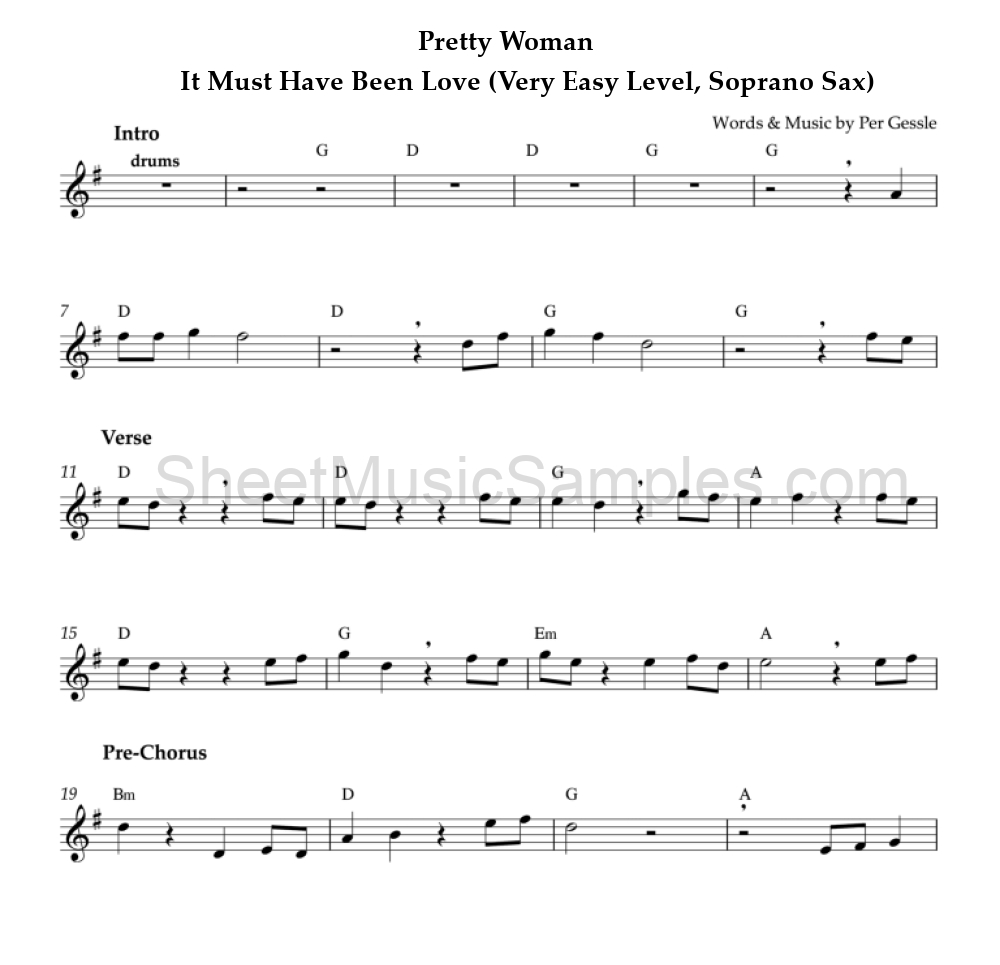 Pretty Woman - It Must Have Been Love (Very Easy Level, Soprano Sax)