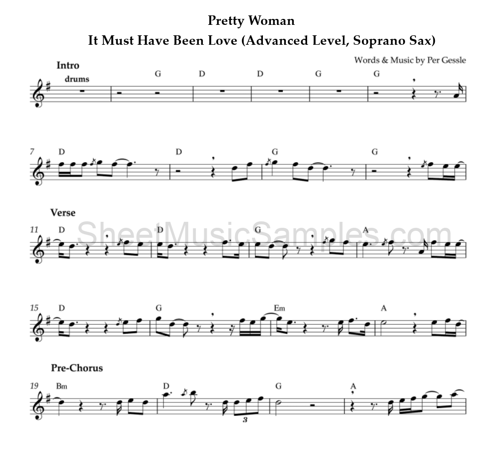 Pretty Woman - It Must Have Been Love (Advanced Level, Soprano Sax)