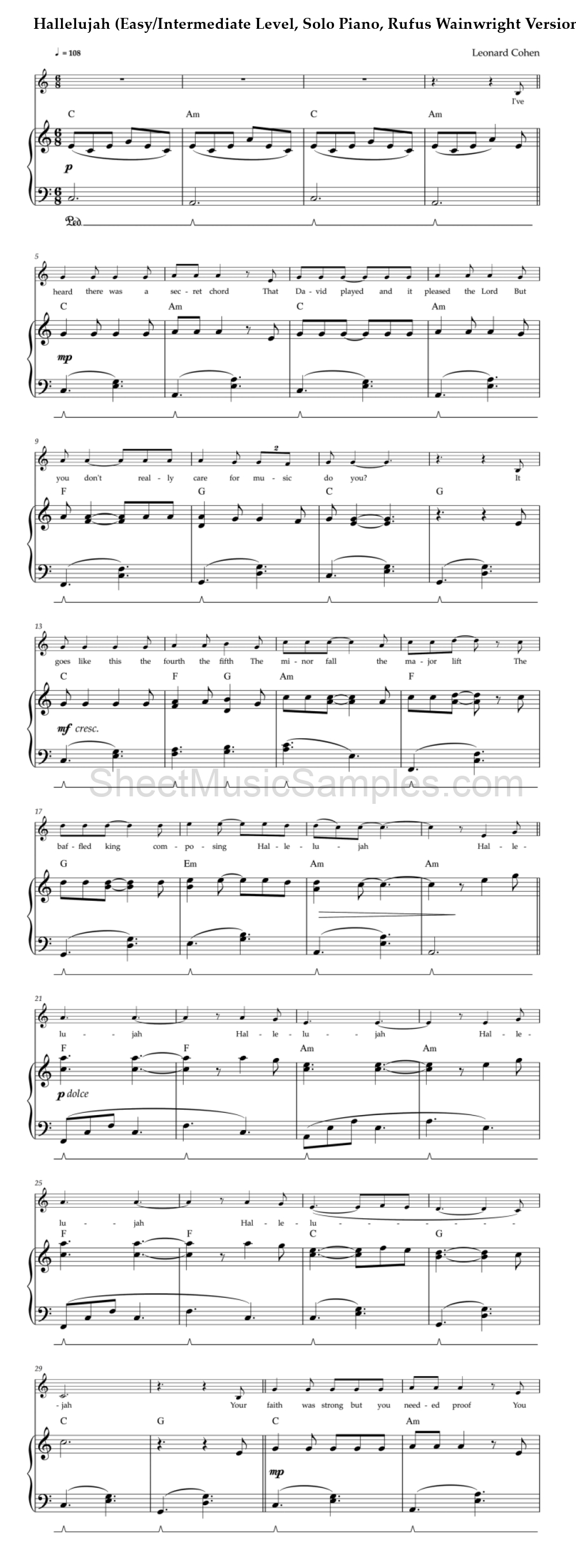 Hallelujah (Easy/Intermediate Level, Solo Piano, Rufus Wainwright Version)