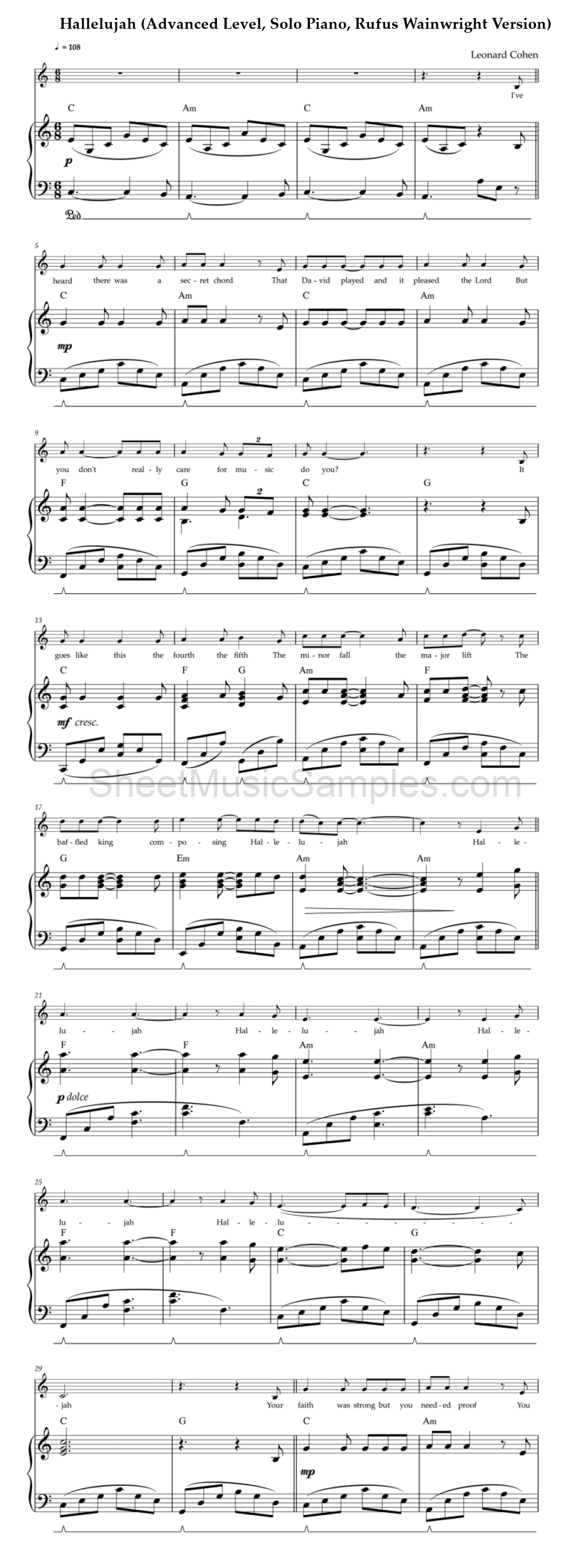 Hallelujah (Advanced Level, Solo Piano, Rufus Wainwright Version)