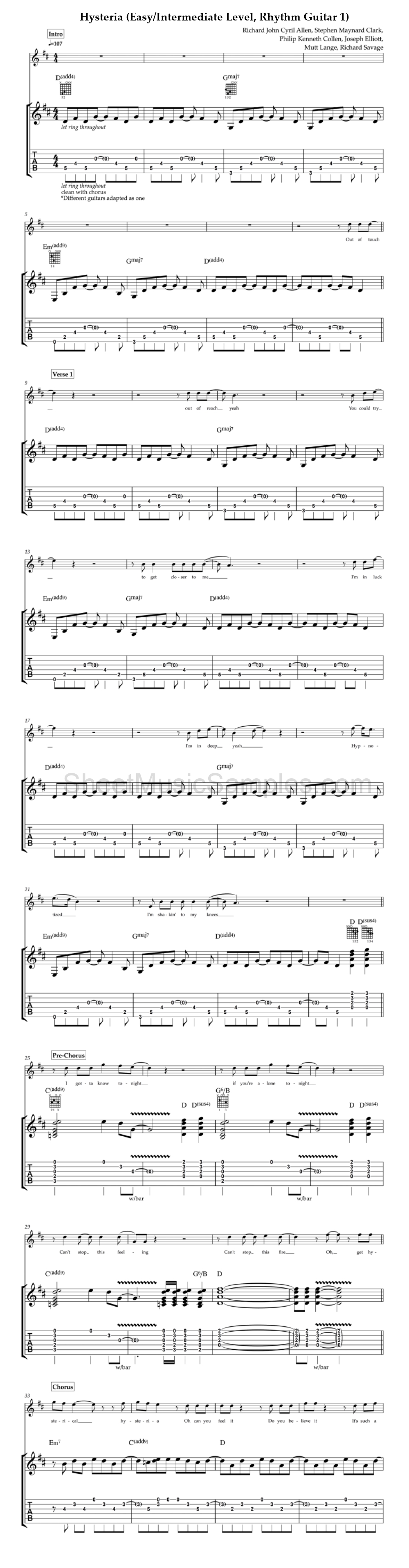 Hysteria (Easy/Intermediate Level, Rhythm Guitar 1)