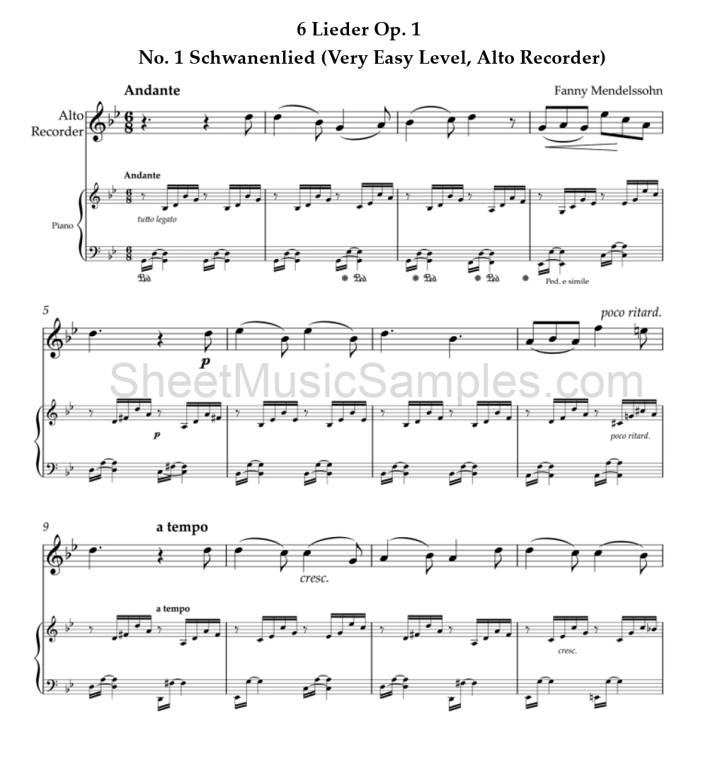 6 Lieder Op. 1 - No. 1 Schwanenlied (Very Easy Level, Alto Recorder)