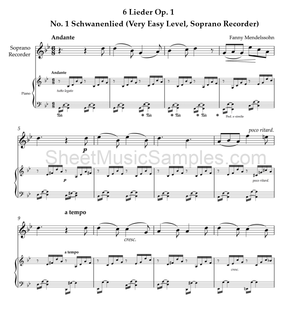 6 Lieder Op. 1 - No. 1 Schwanenlied (Very Easy Level, Soprano Recorder)