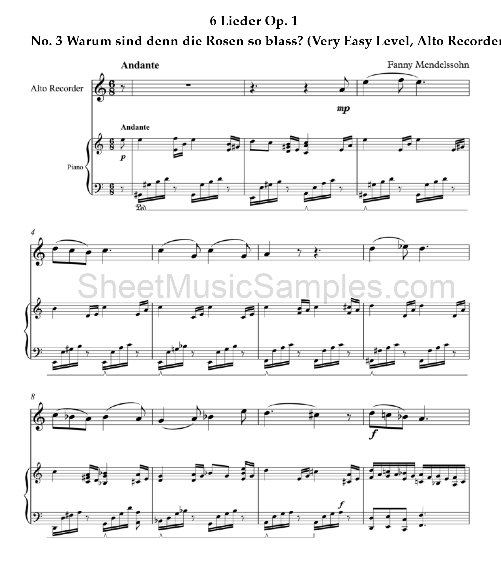 6 Lieder Op. 1 - No. 3 Warum sind denn die Rosen so blass? (Very Easy Level, Alto Recorder)