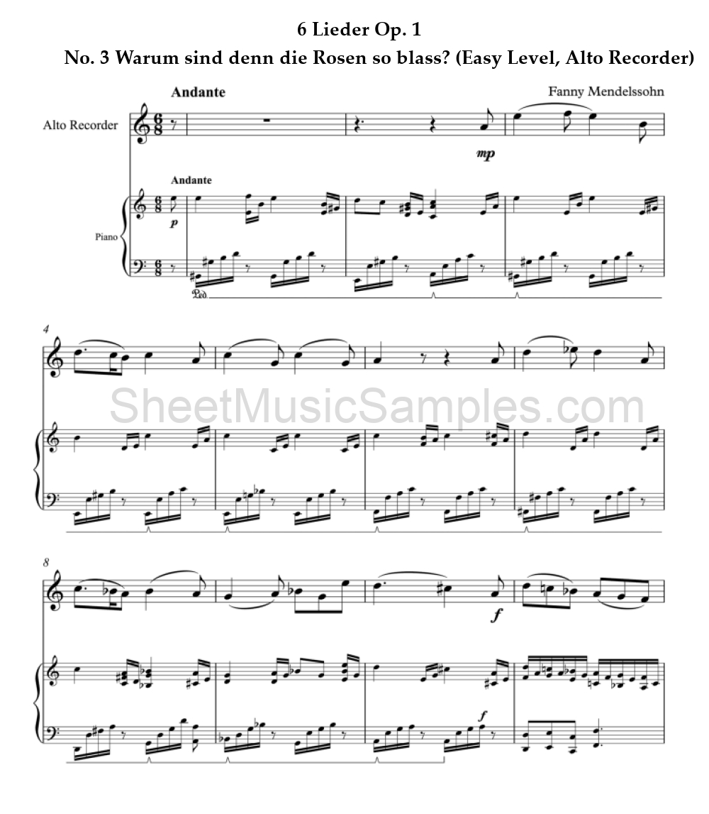 6 Lieder Op. 1 - No. 3 Warum sind denn die Rosen so blass? (Easy Level, Alto Recorder)