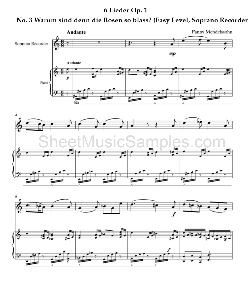 6 Lieder Op. 1 - No. 3 Warum sind denn die Rosen so blass? (Easy Level, Soprano Recorder)