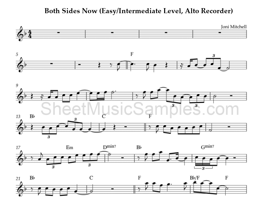 Both Sides Now (Easy/Intermediate Level, Alto Recorder)