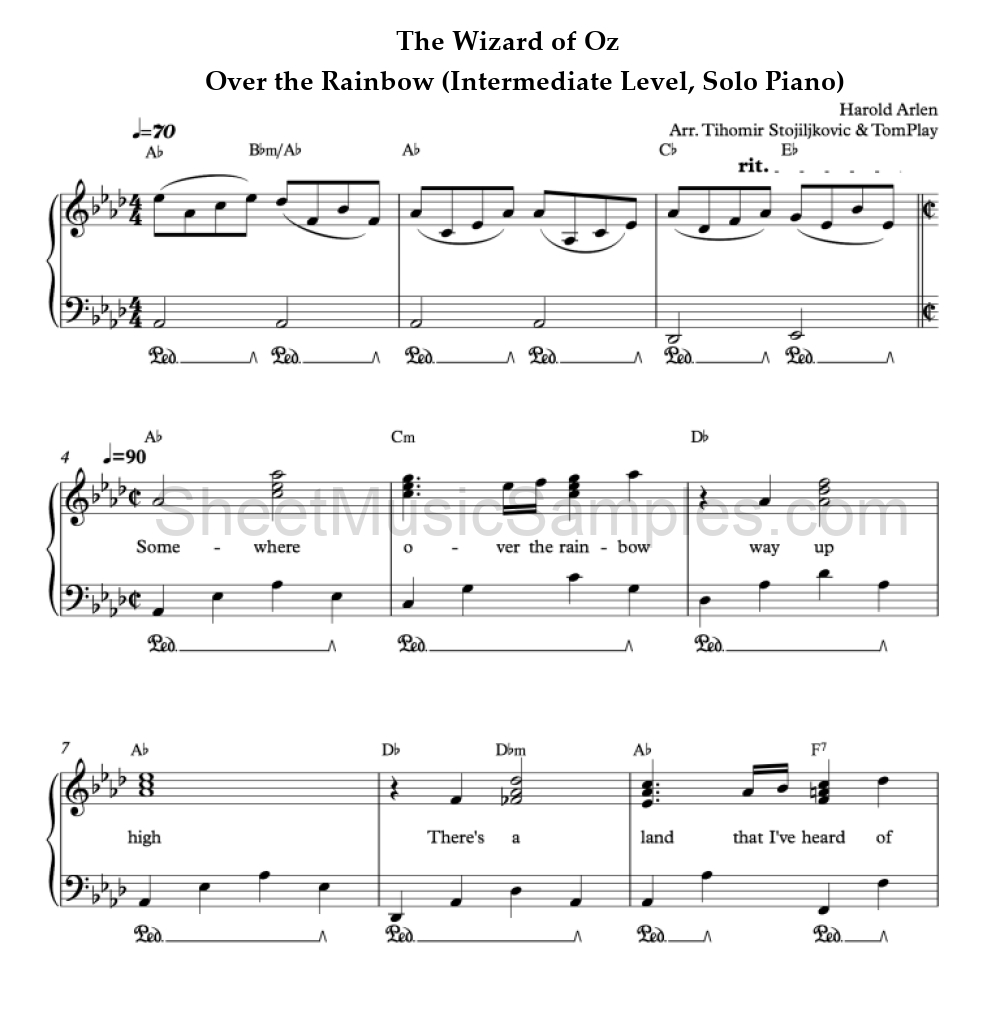 The Wizard of Oz - Over the Rainbow (Intermediate Level, Solo Piano)