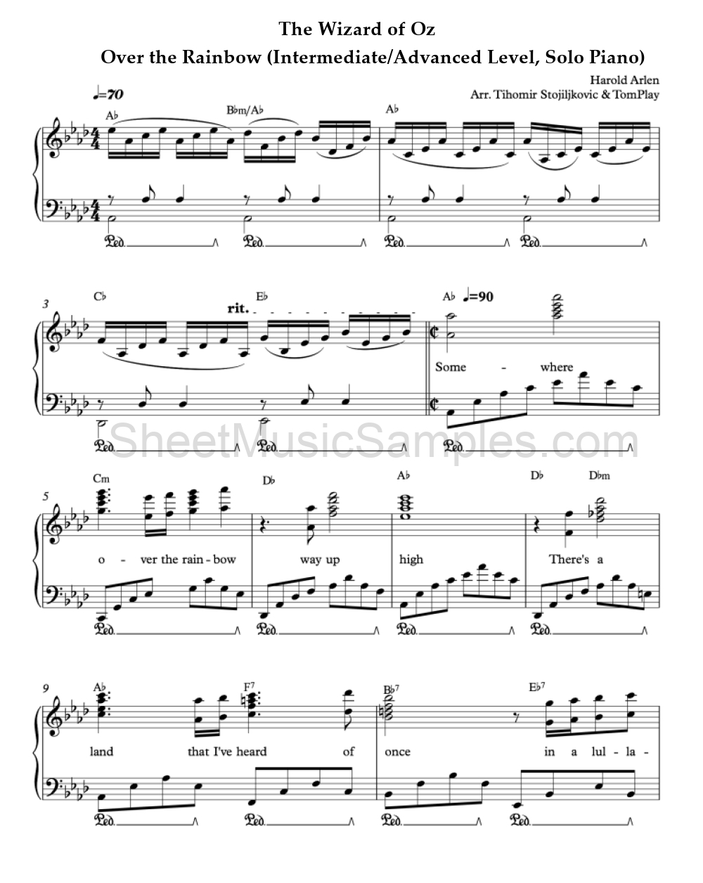 The Wizard of Oz - Over the Rainbow (Intermediate/Advanced Level, Solo Piano)