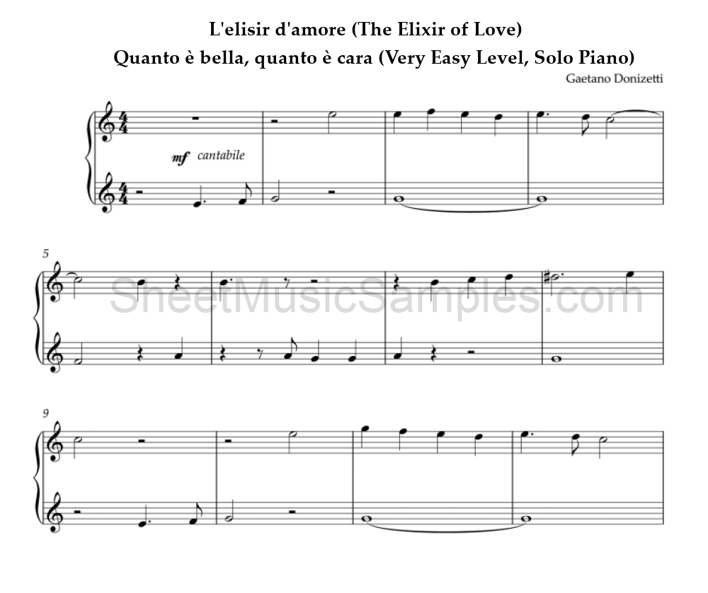 L'elisir d'amore (The Elixir of Love) - Quanto è bella, quanto è cara (Very Easy Level, Solo Piano)