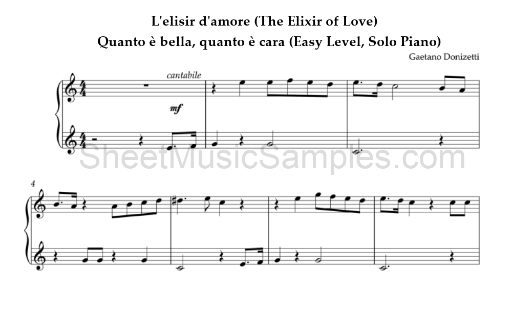 L'elisir d'amore (The Elixir of Love) - Quanto è bella, quanto è cara (Easy Level, Solo Piano)