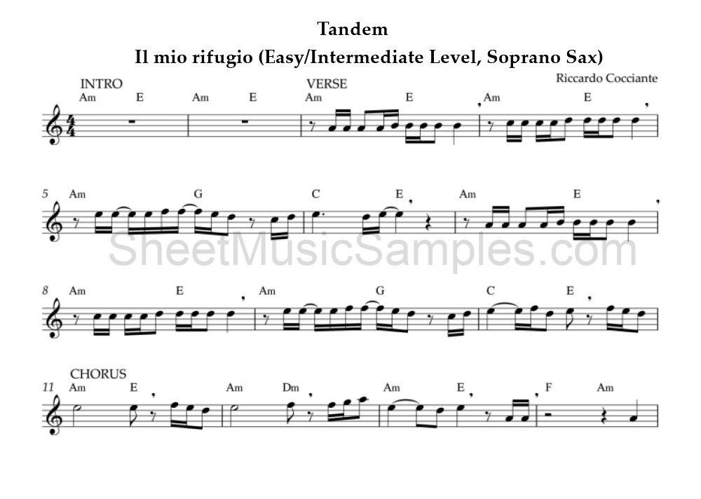 Tandem - Il mio rifugio (Easy/Intermediate Level, Soprano Sax)