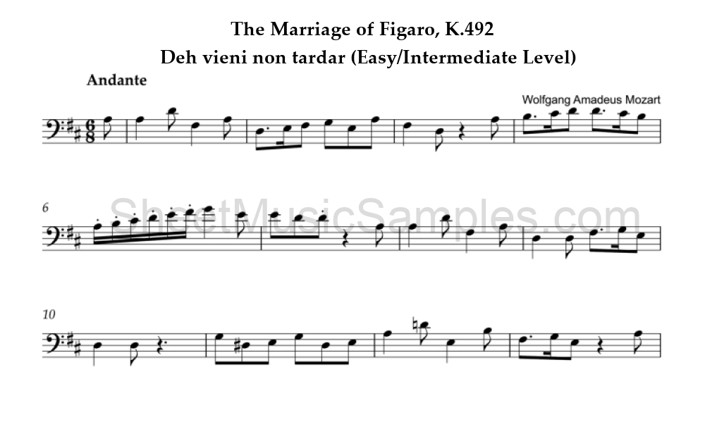 The Marriage of Figaro, K.492 - Deh vieni non tardar (Easy/Intermediate Level)