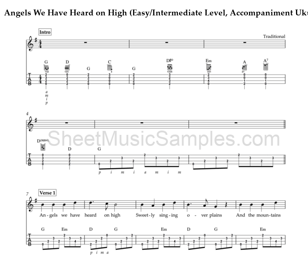 Angels We Have Heard on High (Easy/Intermediate Level, Accompaniment Ukulele)