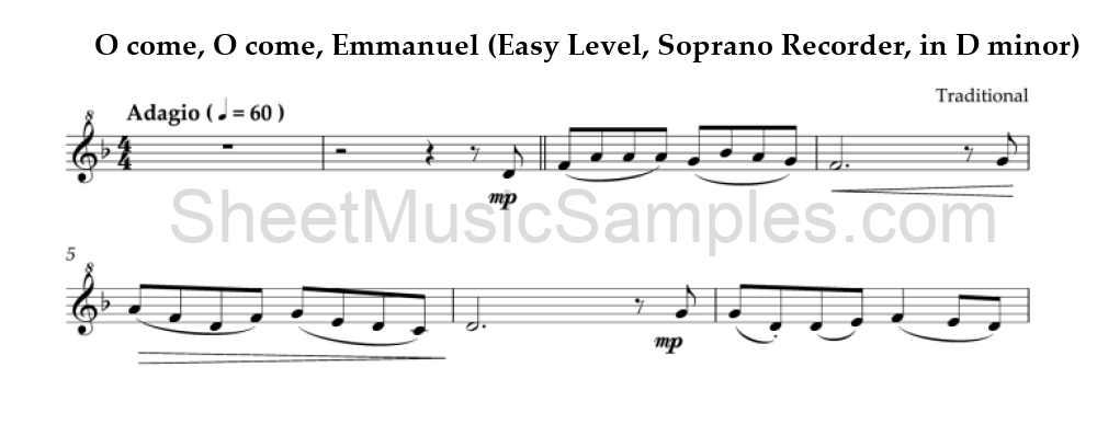 O come, O come, Emmanuel (Easy Level, Soprano Recorder, in D minor)