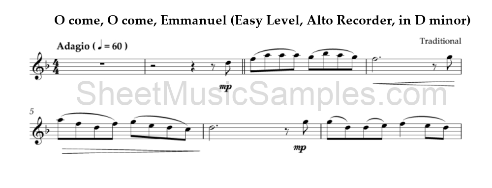 O come, O come, Emmanuel (Easy Level, Alto Recorder, in D minor)