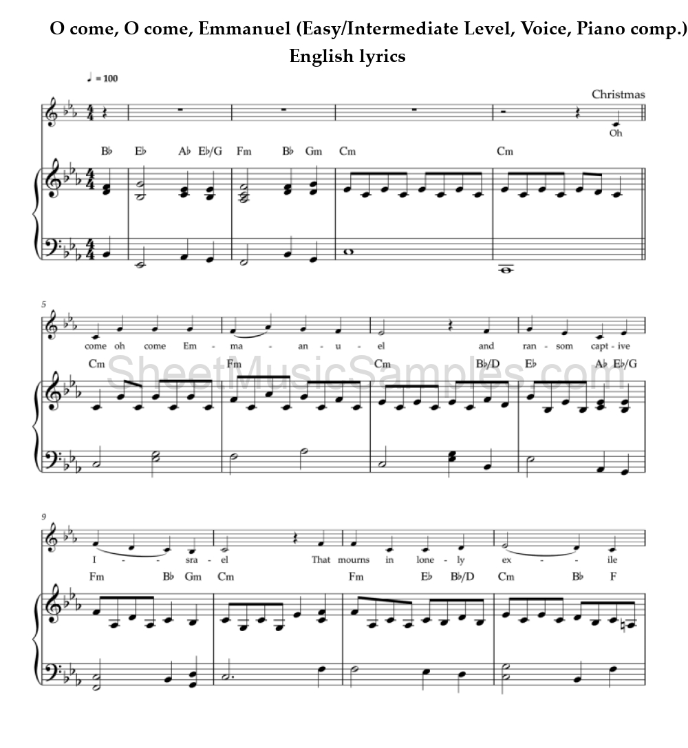 O come, O come, Emmanuel (Easy/Intermediate Level, Voice, Piano comp.) - English lyrics