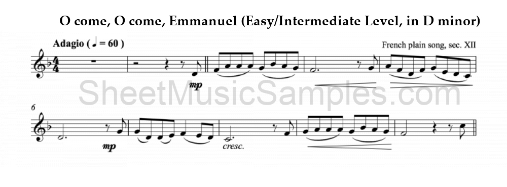 O come, O come, Emmanuel (Easy/Intermediate Level, in D minor)