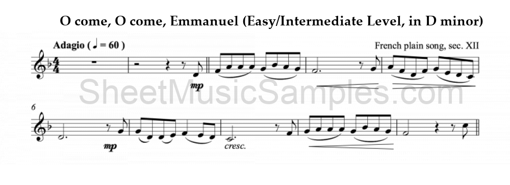 O come, O come, Emmanuel (Easy/Intermediate Level, in D minor)