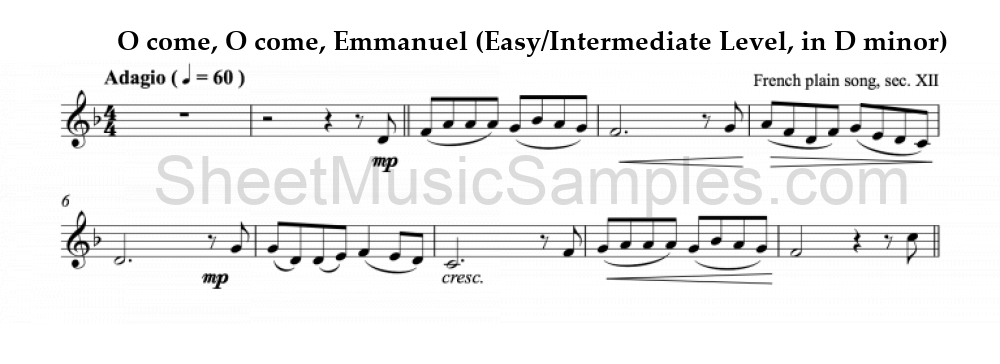 O come, O come, Emmanuel (Easy/Intermediate Level, in D minor)