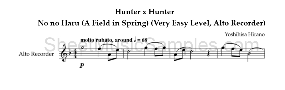 Hunter x Hunter - No no Haru (A Field in Spring) (Very Easy Level, Alto Recorder)