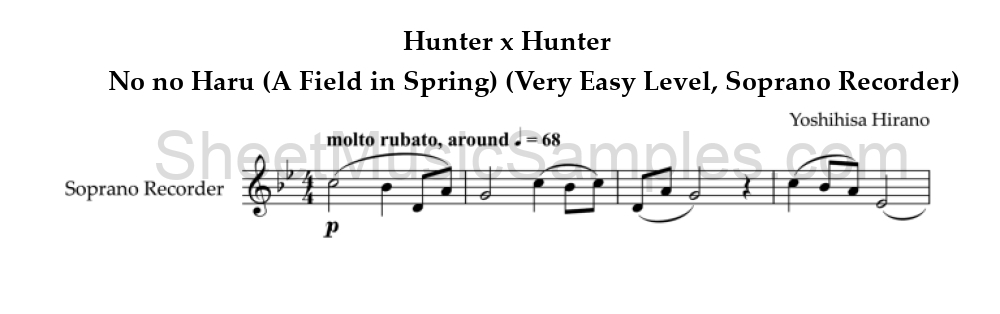 Hunter x Hunter - No no Haru (A Field in Spring) (Very Easy Level, Soprano Recorder)