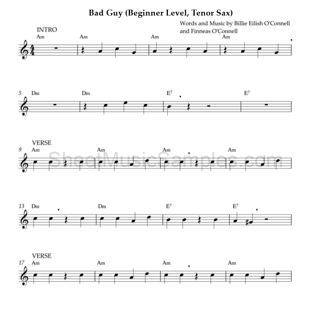 Bad Guy (Beginner Level, Tenor Sax)