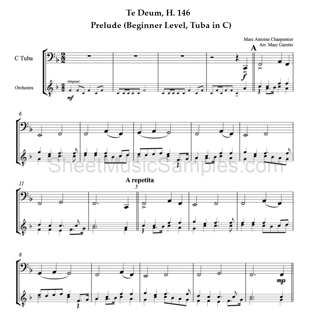 Te Deum, H. 146 - Prelude (Beginner Level, Tuba in C)