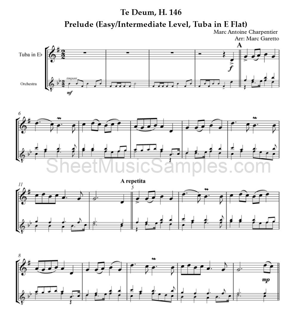 Te Deum, H. 146 - Prelude (Easy/Intermediate Level, Tuba in E Flat)