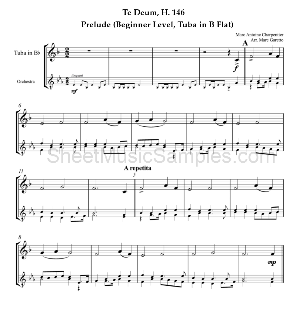 Te Deum, H. 146 - Prelude (Beginner Level, Tuba in B Flat)