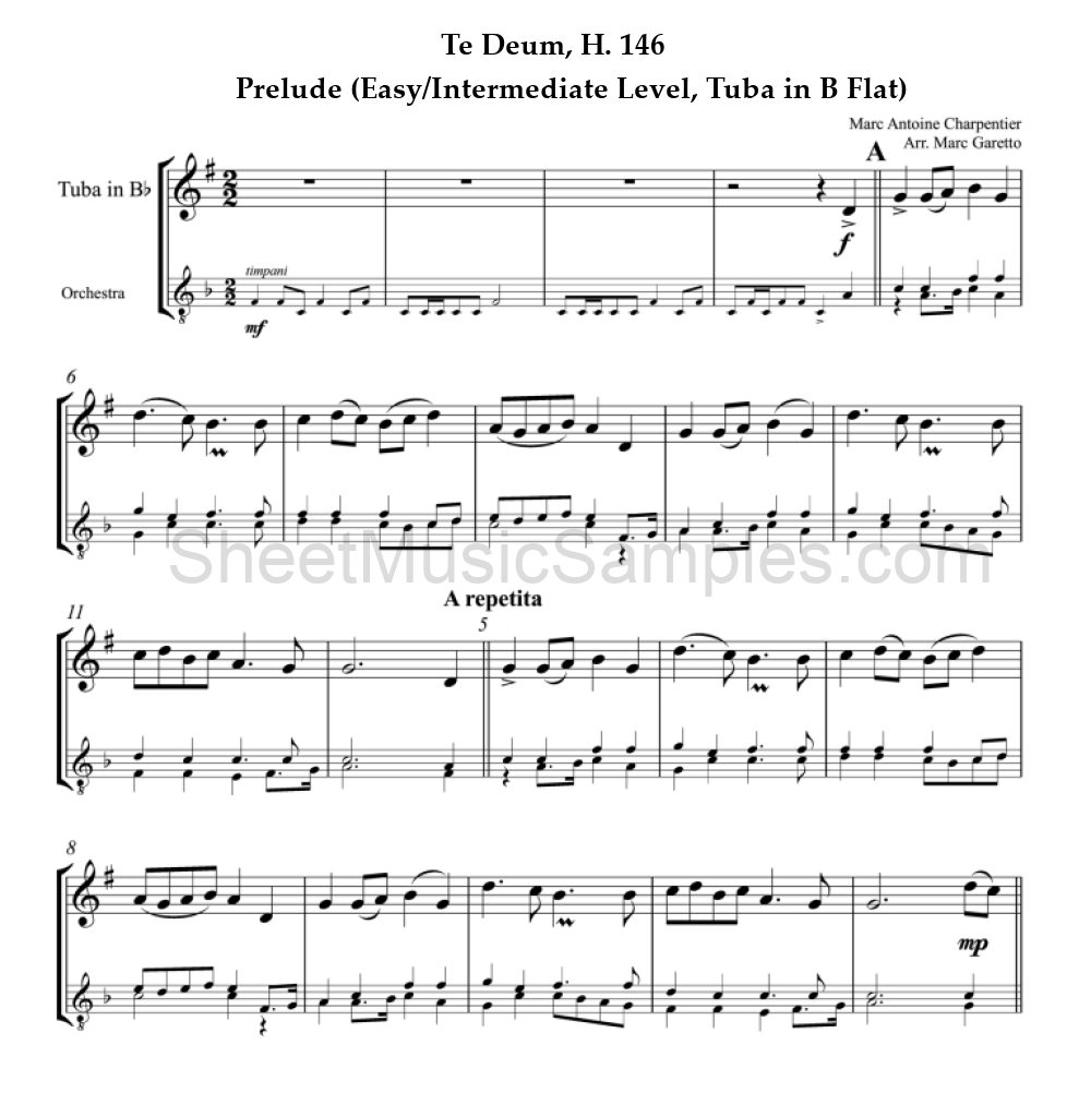 Te Deum, H. 146 - Prelude (Easy/Intermediate Level, Tuba in B Flat)