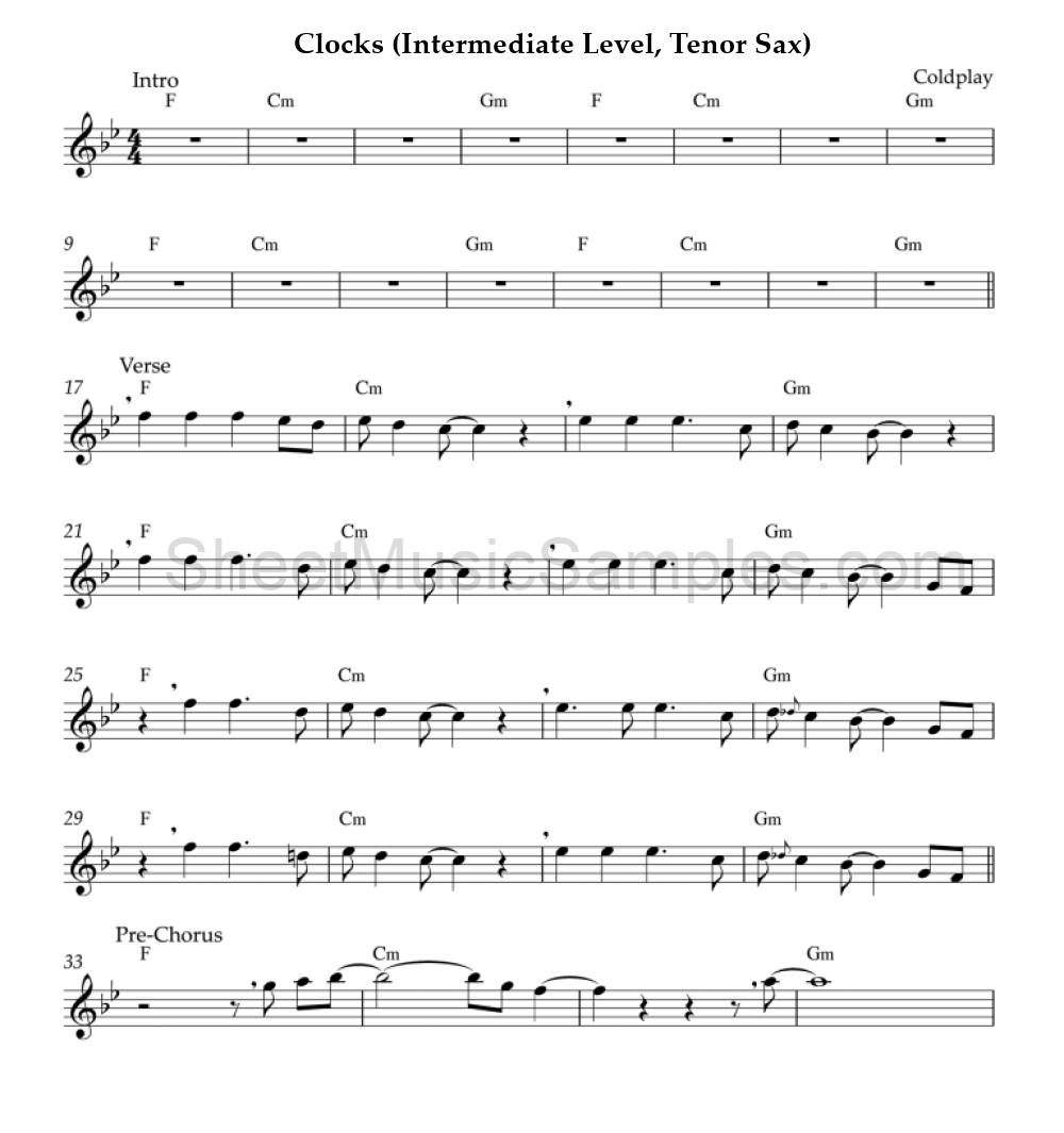 Clocks (Intermediate Level, Tenor Sax)