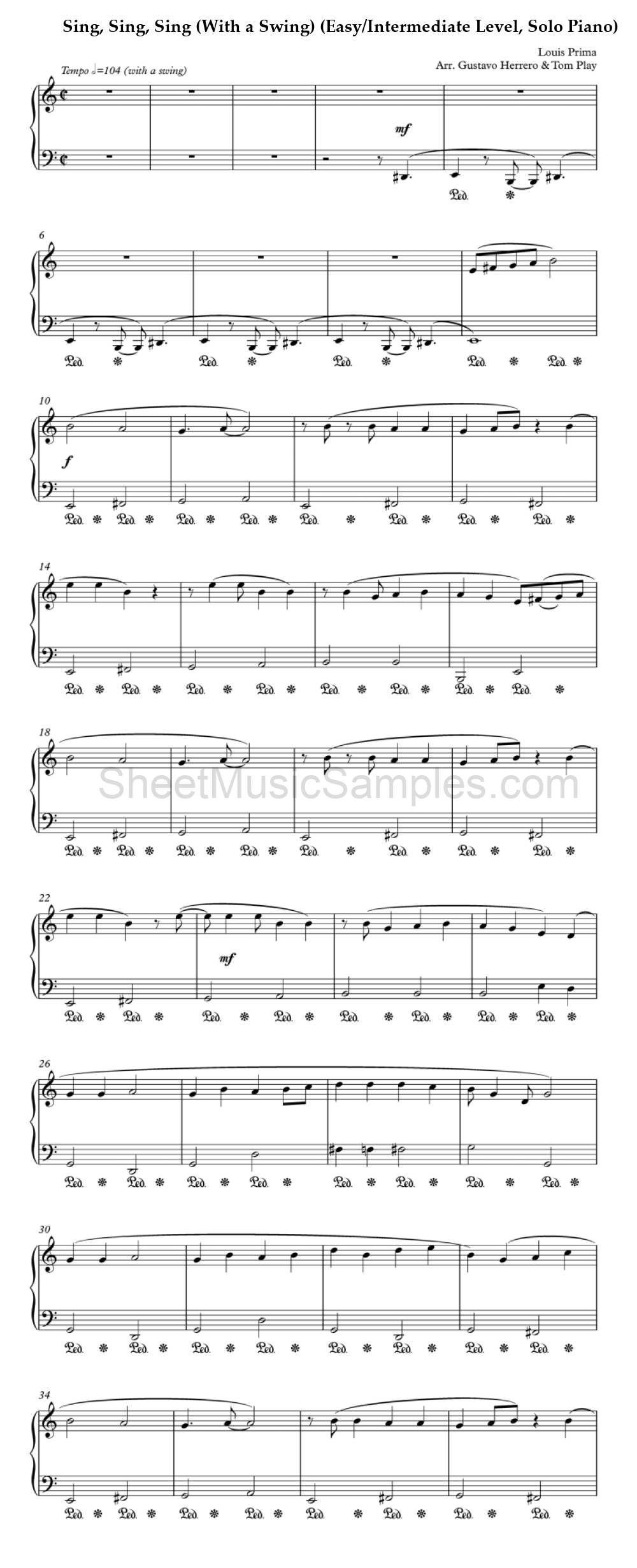 Sing, Sing, Sing (With a Swing) (Easy/Intermediate Level, Solo Piano)