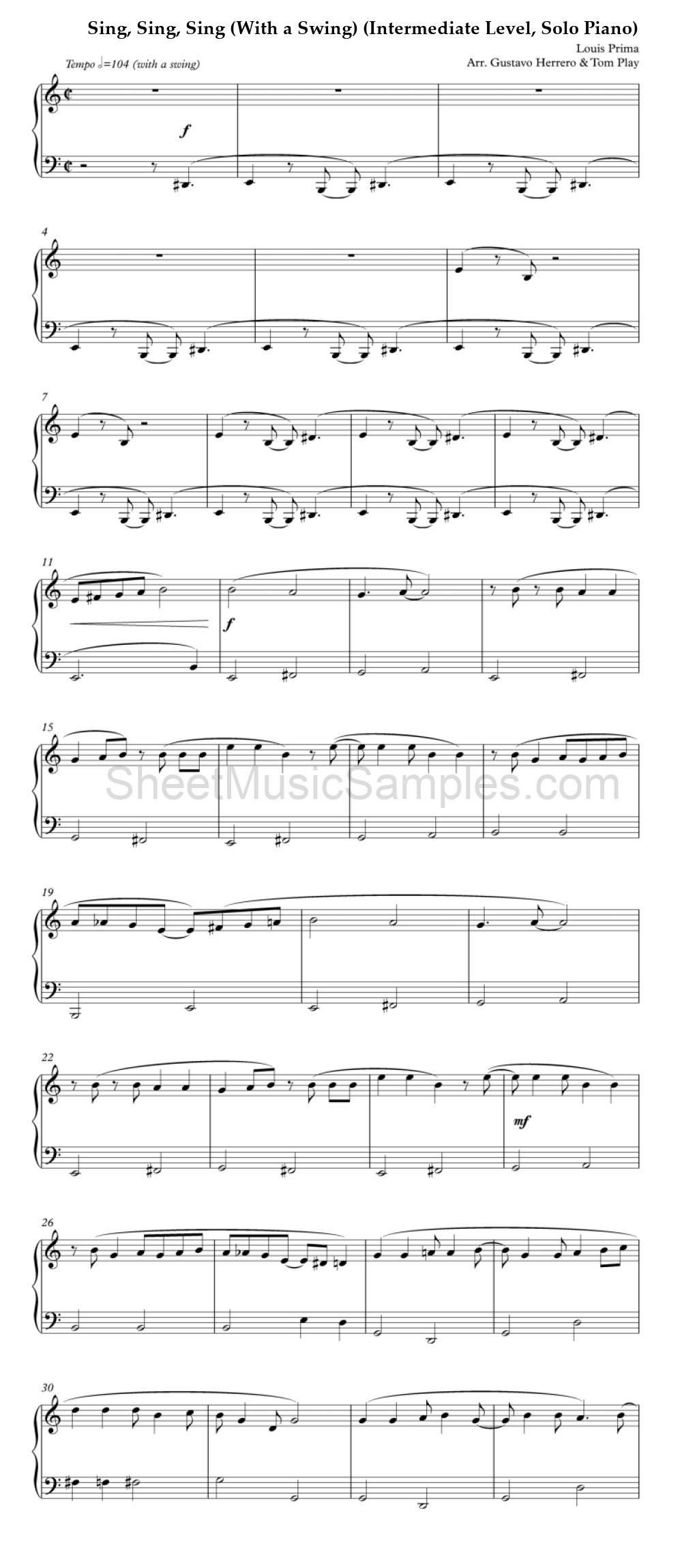 Sing, Sing, Sing (With a Swing) (Intermediate Level, Solo Piano)