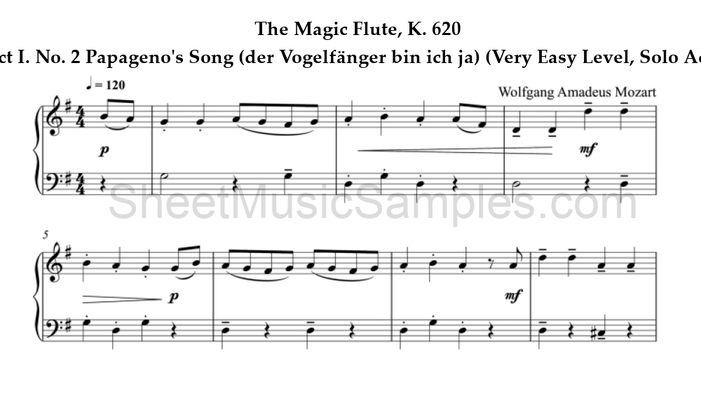 The Magic Flute, K. 620 - Act I. No. 2 Papageno's Song (der Vogelfänger bin ich ja) (Very Easy Level, Solo Accordion)