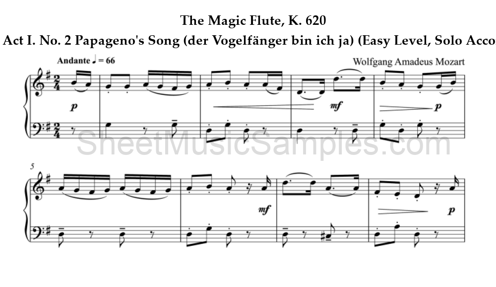 The Magic Flute, K. 620 - Act I. No. 2 Papageno's Song (der Vogelfänger bin ich ja) (Easy Level, Solo Accordion)