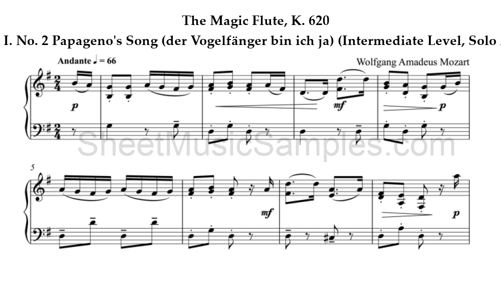 The Magic Flute, K. 620 - Act I. No. 2 Papageno's Song (der Vogelfänger bin ich ja) (Intermediate Level, Solo Accordion)