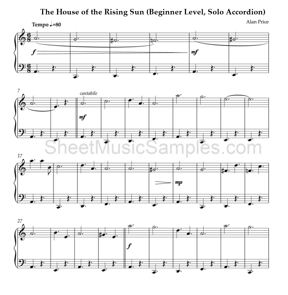 The House of the Rising Sun (Beginner Level, Solo Accordion)