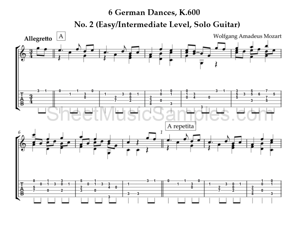 6 German Dances, K.600 - No. 2 (Easy/Intermediate Level, Solo Guitar)