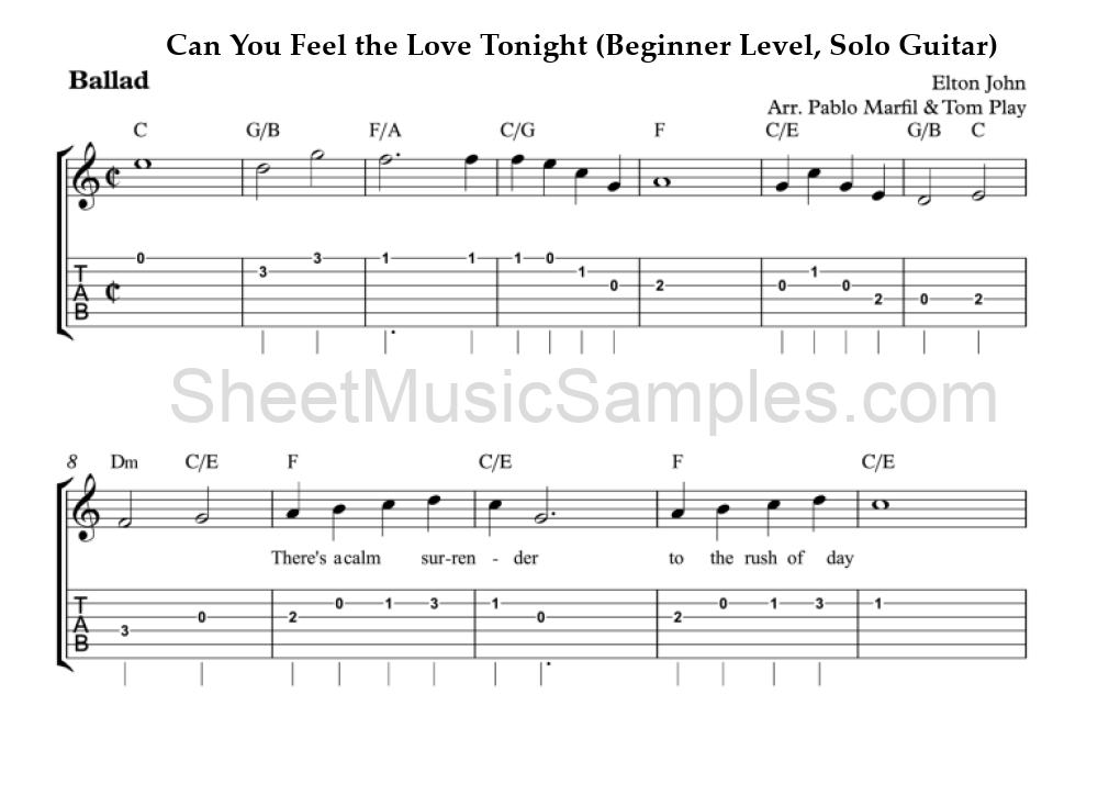 Can You Feel the Love Tonight (Beginner Level, Solo Guitar)