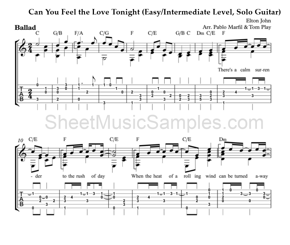 Can You Feel the Love Tonight (Easy/Intermediate Level, Solo Guitar)