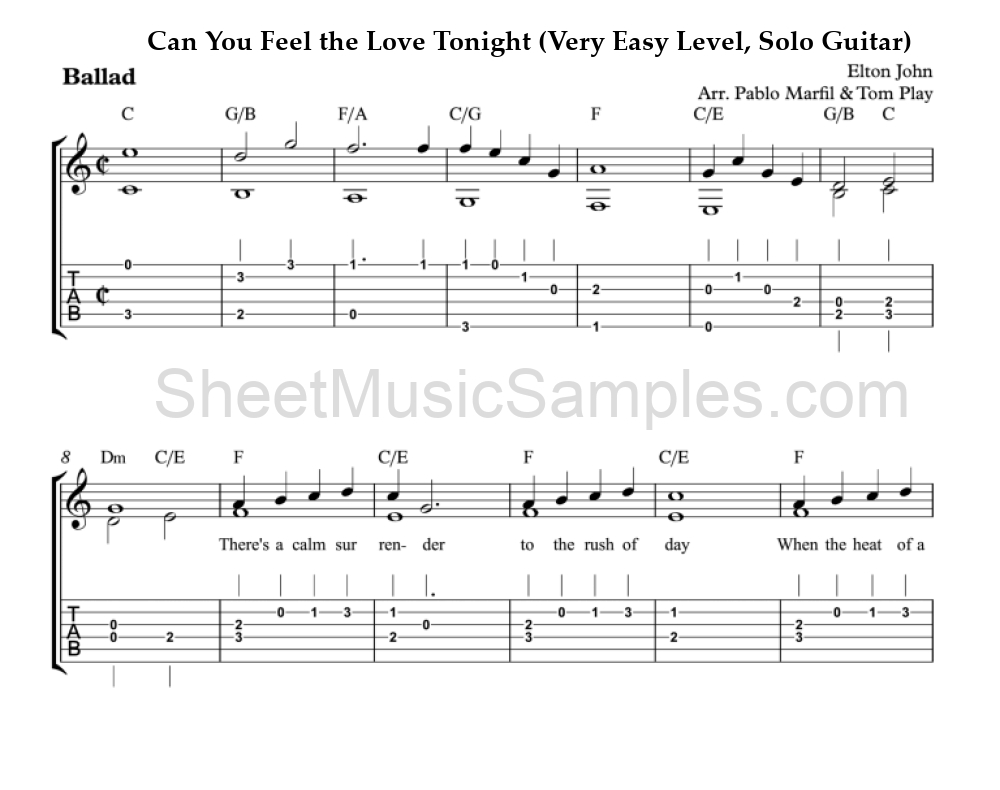 Can You Feel the Love Tonight (Very Easy Level, Solo Guitar)