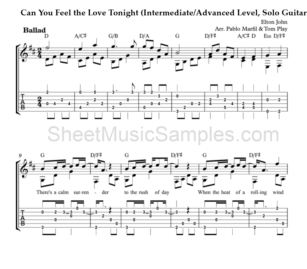 Can You Feel the Love Tonight (Intermediate/Advanced Level, Solo Guitar)