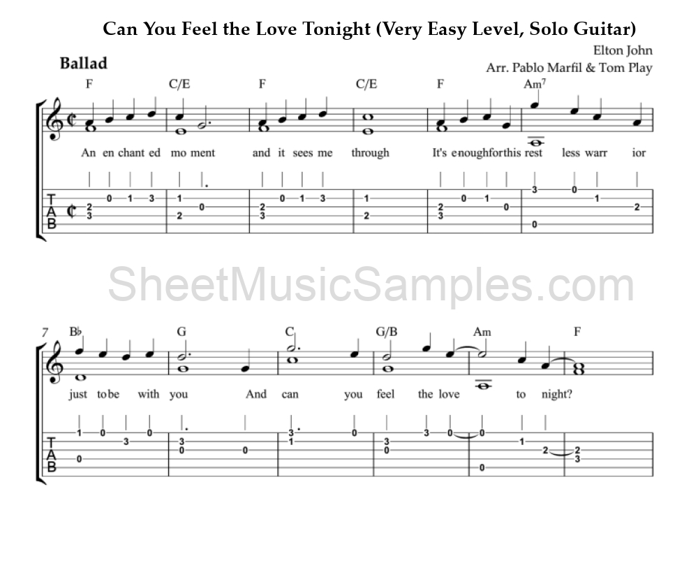 Can You Feel the Love Tonight (Very Easy Level, Solo Guitar)