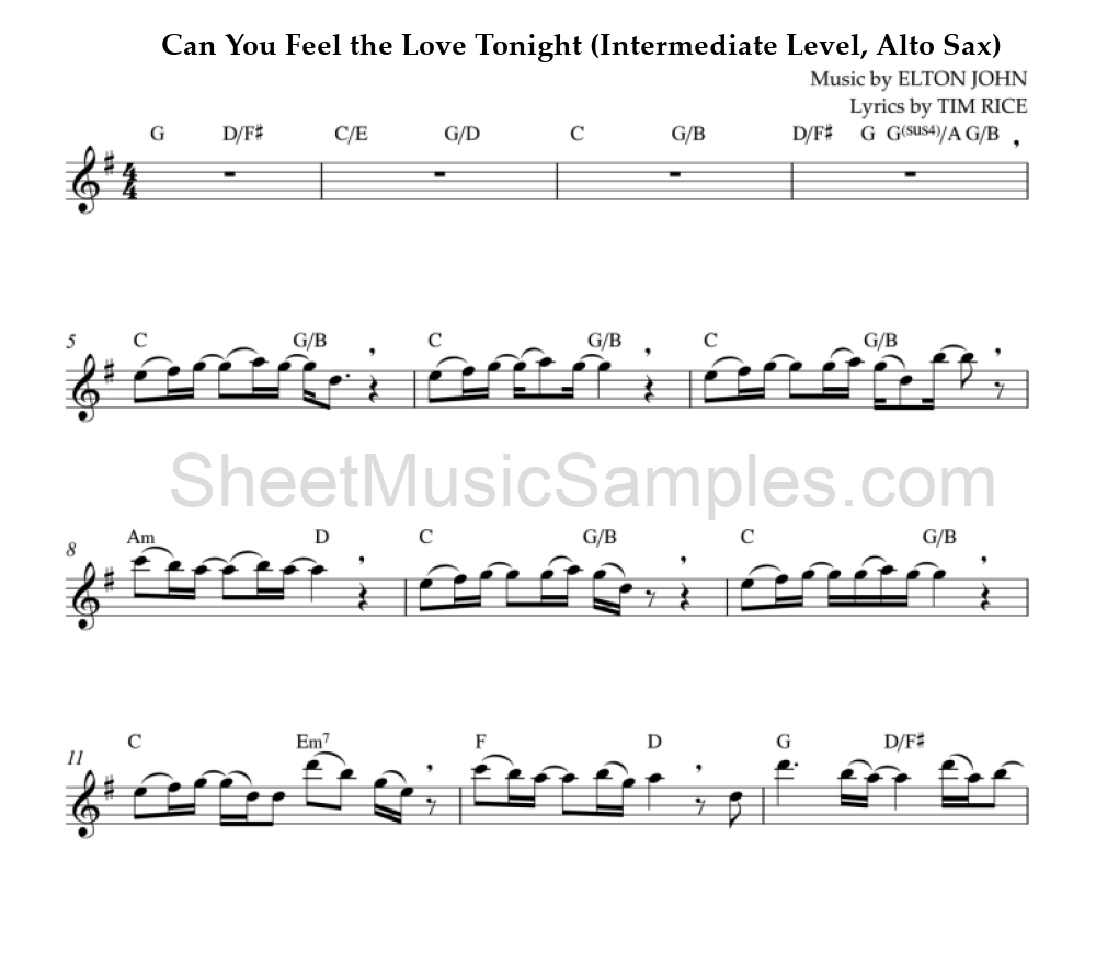 Can You Feel the Love Tonight (Intermediate Level, Alto Sax)